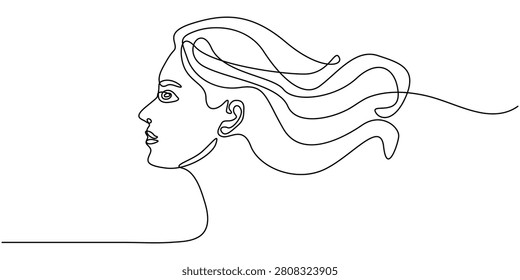 Continuous Line Drawing Of Woman Profile With Wavy Hair Blowing In Wind