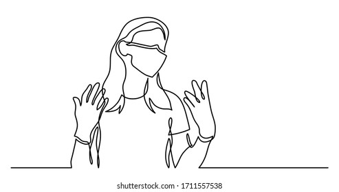 continuous line drawing of woman in protective mask wearing gloves