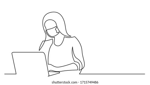 continuous line drawing of woman in protective mask working behind laptop computer