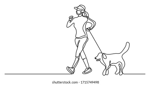 continuous line drawing of woman in protective mask walking her dog