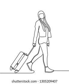 continuous line drawing of woman pulling suitcases on vacation trips. vector
