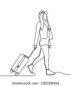 continuous line drawing of woman pulling suitcases on vacation trips. vector