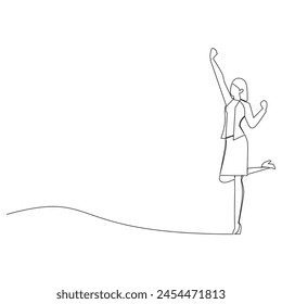 continuous line drawing of a woman raising her hand to the sky. Successful people in business conceptual design.