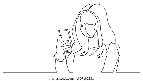 Continuous Line Drawing Of Woman Reading Mobile Phone Wearing Face Mask