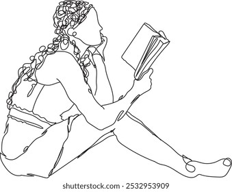 Continuous line drawing of a woman reading a book, line art, vector