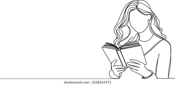 continuous line drawing of woman reading a novel, line art vector illustration