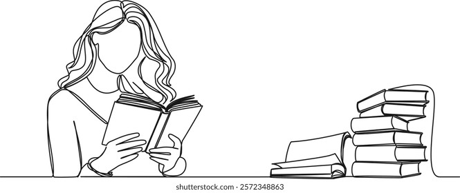 continuous line drawing of woman reading a novel next to stack of books, line art vector illustration