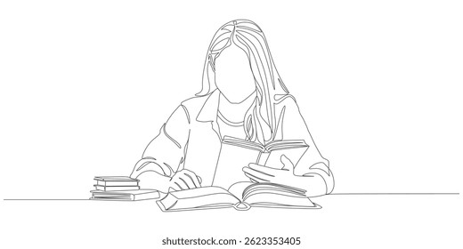Continuous Line Drawing of Woman Reading Book at Desk – Minimalist Learning and Education Concept