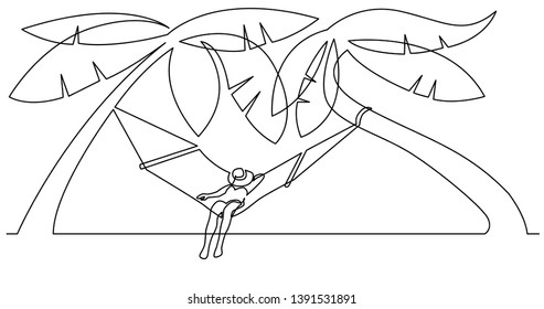 continuous line drawing of woman relaxing on hammock on tropical beach during vacation