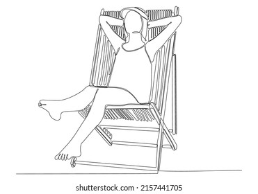 
continuous line drawing of woman relaxing and sitting on deck chair by the beach isolated on white background