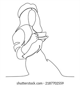 Continuous line drawing. A woman is relaxing with a cup of tea. Vector illustration.