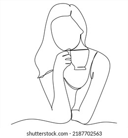 Continuous line drawing. A woman is relaxing with a cup of tea. Vector illustration.