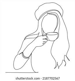 Continuous line drawing. A woman is relaxing with a cup of tea. Vector illustration.