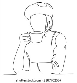 Continuous line drawing. A woman is relaxing with a cup of tea. Vector illustration.