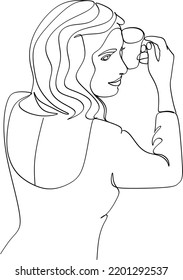 Continuous line drawing. A woman is relaxing with a cup of tea. Vector illustration.