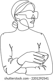 Continuous line drawing. A woman is relaxing with a cup of tea. Vector illustration.