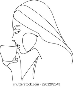 Continuous line drawing. A woman is relaxing with a cup of tea. Vector illustration.