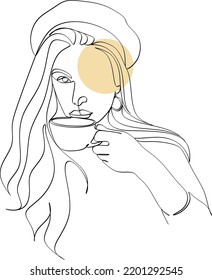 Continuous line drawing. A woman is relaxing with a cup of tea. Vector illustration.