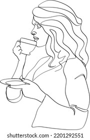 Continuous line drawing. A woman is relaxing with a cup of tea. Vector illustration.