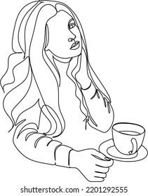 Continuous line drawing. A woman is relaxing with a cup of tea. Vector illustration.