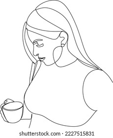 Continuous line drawing. A woman is relaxing with a cup of tea. Vector illustration.