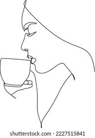 Continuous line drawing. A woman is relaxing with a cup of tea. Vector illustration.
