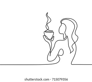 Continuous Line Drawing. Woman Relaxing With Cup Of Tea. Vector Illustration.