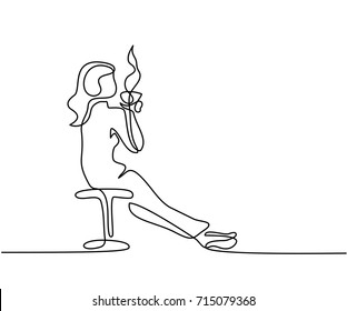 Continuous line drawing. Woman relaxing with cup of tea. Vector illustration.