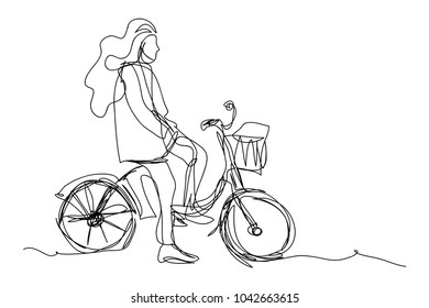 continuous line drawing of a woman riding a bicycle healthy concept vector illustration.