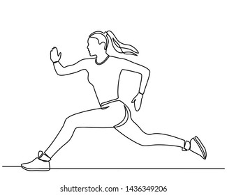 Continuous line drawing of woman running. Art concept of a running woman. Dynamic movement. Side view. Minimal cover design. Vector template brochures, flyers, presentations, logo, print, banners