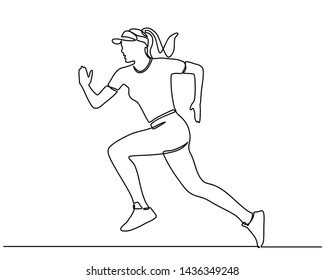 Continuous line drawing of woman running. Art concept of a running woman. Dynamic movement. Side view. Minimal cover design. Vector template brochures, flyers, presentations, logo, print, banners