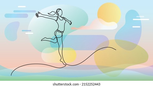 continuous line drawing of woman running with open arms