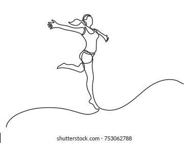 continuous line drawing of woman running with open arms