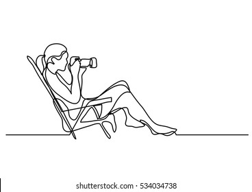 continuous line drawing of woman siiting on a beach photographing