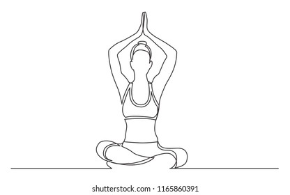 continuous line drawing of woman sitting in yoga pose with arms above head