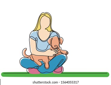 continuous line drawing of woman sitting with dog