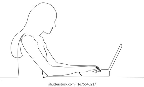continuous line drawing of woman sitting with computer laptop.