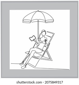 
continuous line drawing of woman sitting under umbrella on deck chair isolated on white background vector illustration