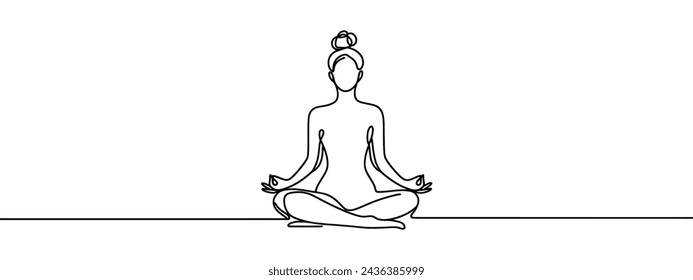 continuous line drawing of woman sitting in yoga pose with arms above head.