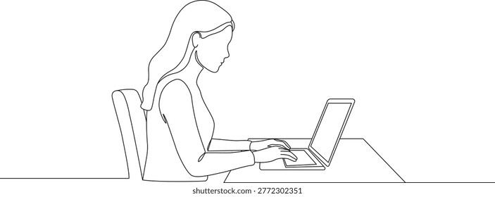 Continuous line drawing of a woman sitting at a desk, typing on her laptop. Simple outline editable stroke. Simple contour art vector illustration