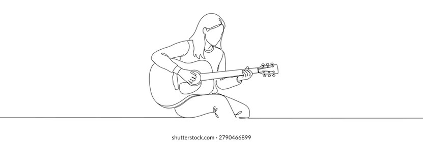 Continuous line drawing of woman sitting and playing acoustic guitar minimalist