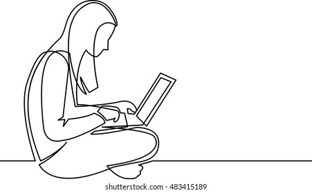 continuous line drawing of woman sitting with computer laptop