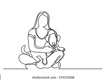 continuous line drawing of woman sitting with dog