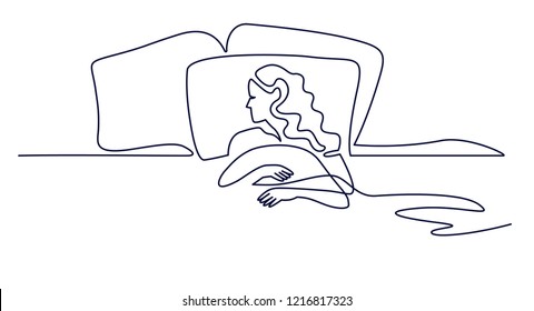 continuous line drawing of woman sleeping on pillow. Vector illustration sleeper single line drawing