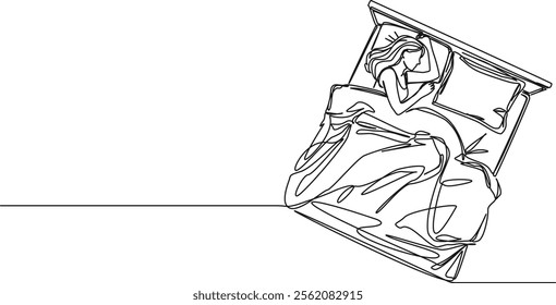 continuous line drawing of woman sleeping in bed, line art vector illustration