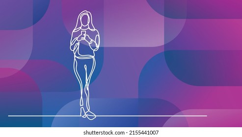 dibujo de línea continua de una mujer parada con un teléfono inteligente