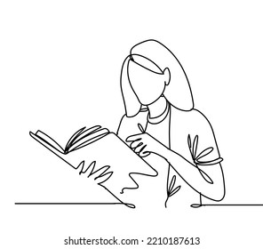 Continuous line drawing of woman studying reading book. Hand drawn single line vector illustration