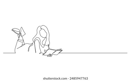 continuous line drawing of woman studying in outdoor park.one line drawing of woman reading book by lying down in park.line vector illustration.