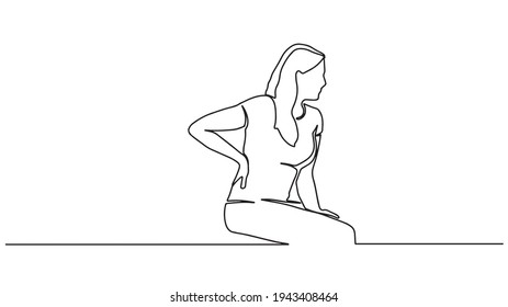 Continuous line drawing of woman suffering from back pain. Healthcare and problem concept of woman suffering from pain in back.  One line illustration of pain in the back.