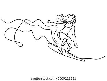 Continuous line drawing of a woman surfing on a beach. Vector illustration in a minimalist hand-drawn style, capturing the sport and adventure concept.